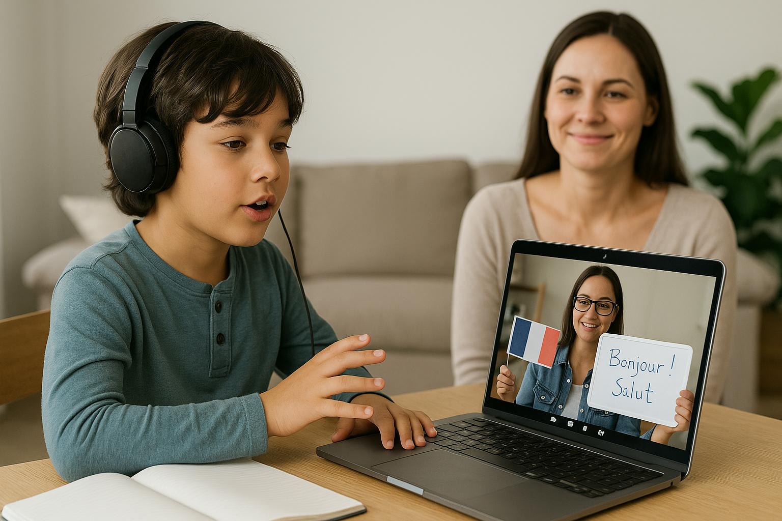 Happy student with online French teacher